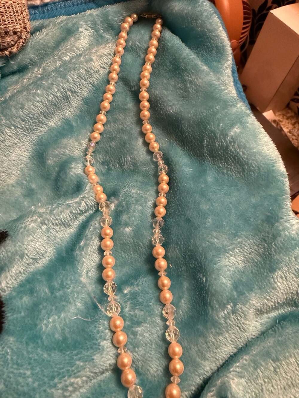 Vintage Faux Pearl and Crystal Bead Necklace with G.Silver Clasp